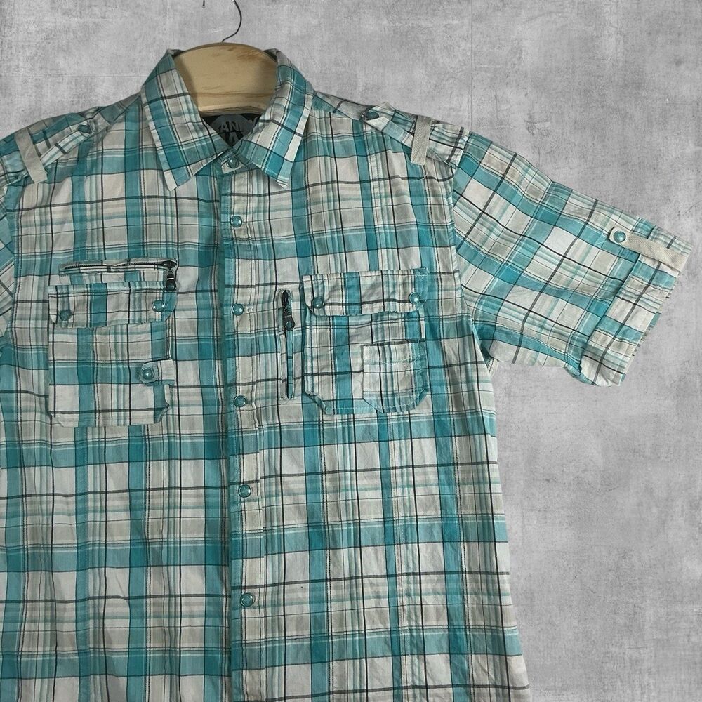 Franky Max Plaid Snap Up Shirt Mens Large Blue Fishing Utility Short Sleeve